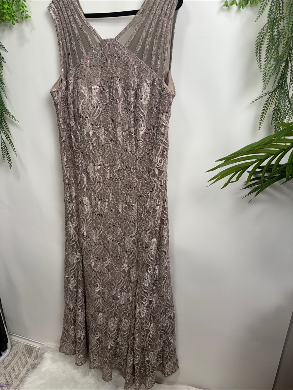 R&M Richards Taupe Beaded Lace Maxi Dress